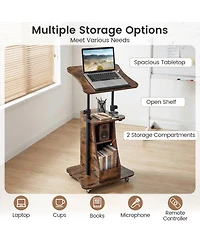 Gouun Mobile Podium Stand with Tilting Tabletop and Storage Compartments