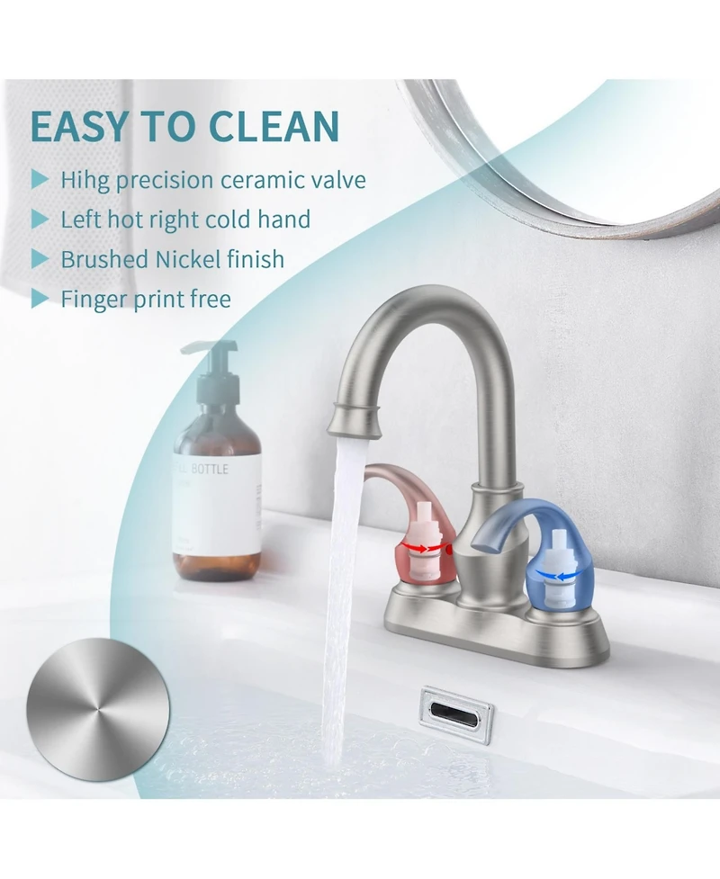 Phying 4 Inch Centerset Bathroom Faucet Crescent Moon Style 2-Handle Brushed Nickel Vanity Sink Faucet