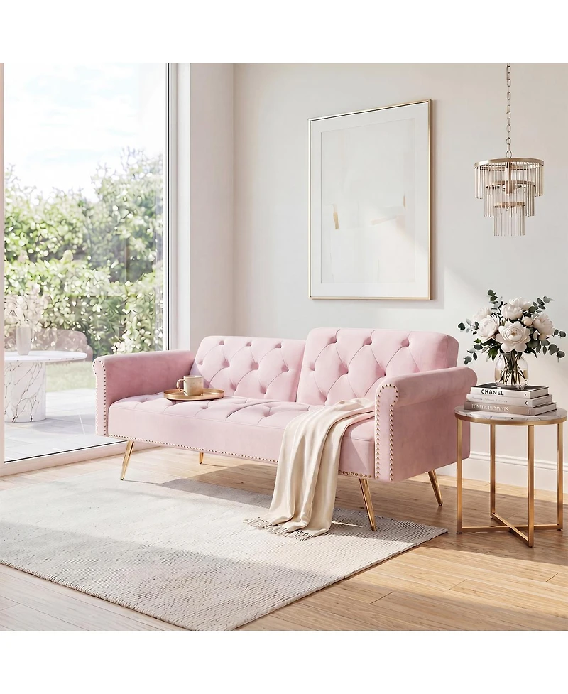 Streamdale Furniture Velvet Convertible Sofa Bed with Gold Metal Legs