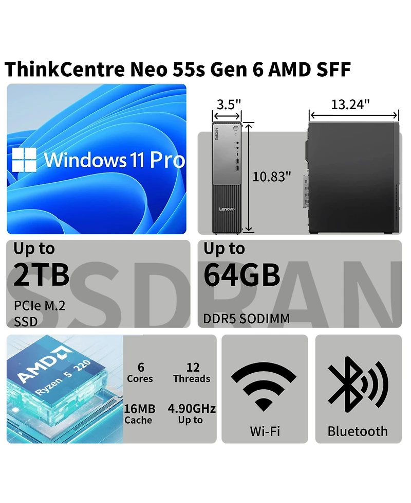 Lenovo ThinkCentre neo 55s Business Sff Desktop, Amd Ryzen 5 220, Amd Radeon Graphics, 8GB DDR5, 256GB Ssd, Wi-Fi 7, Win11 Pro, Black