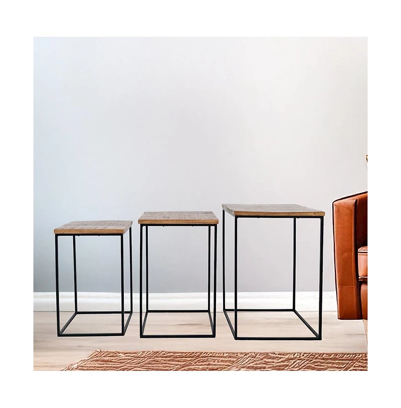 Jofran Brody Square Modern Rustic Solid Wood and Metal Nesting End Tables