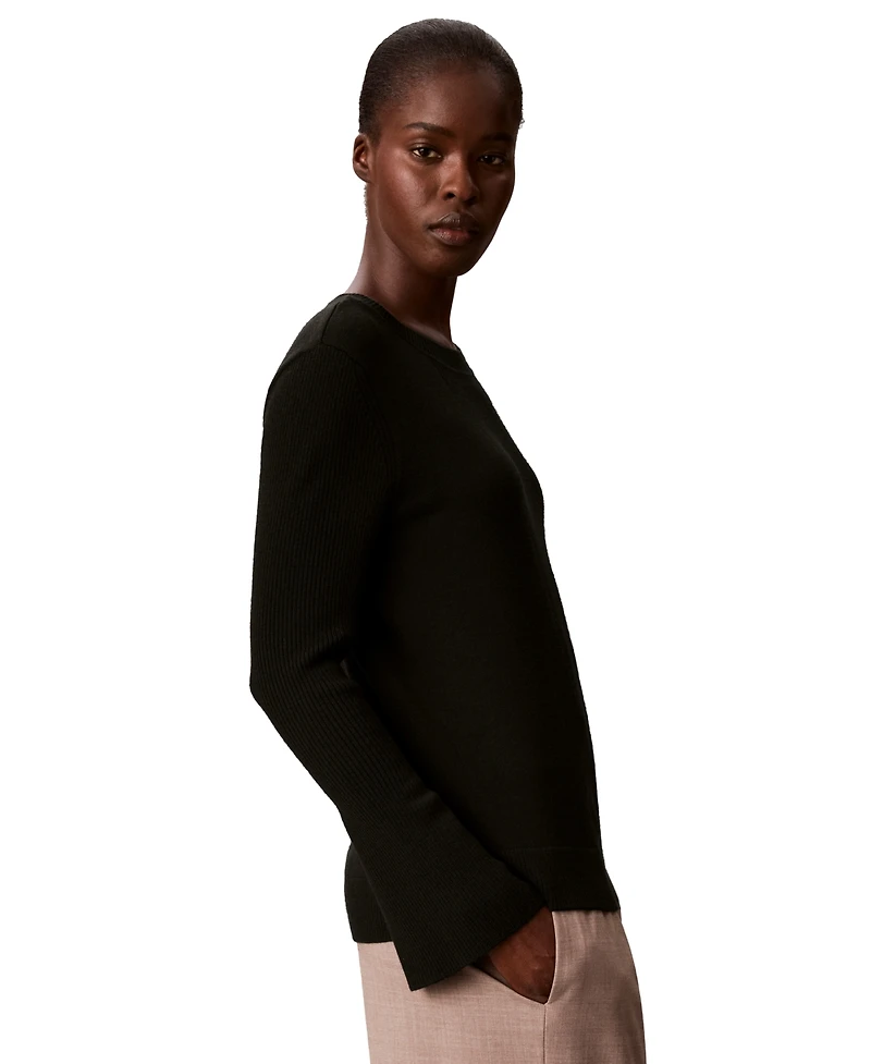 Calvin Klein Women's Ribbed Sculpted-Sleeve Crewneck Sweater