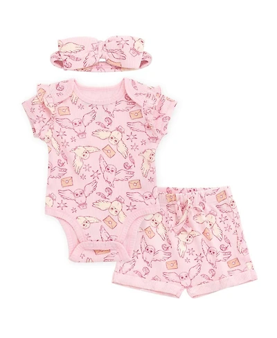 Harry Potter Baby Girls' Hedwig Short-Sleeve Ruffled-Shoulder Bodysuit, Shorts, and Headband, 3-Piece Set