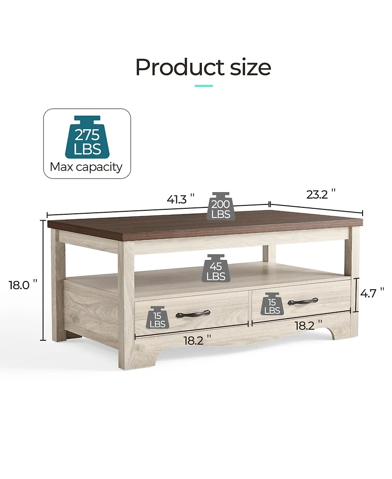 gaomon Farmhouse Coffee Table with 2 Drawers and Open Shelf Storage, Wood Rectangular Center for Living Room