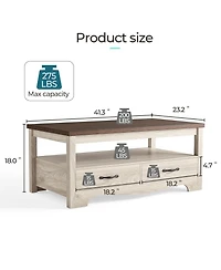 gaomon Farmhouse Coffee Table with 2 Drawers and Open Shelf Storage, Wood Rectangular Center for Living Room