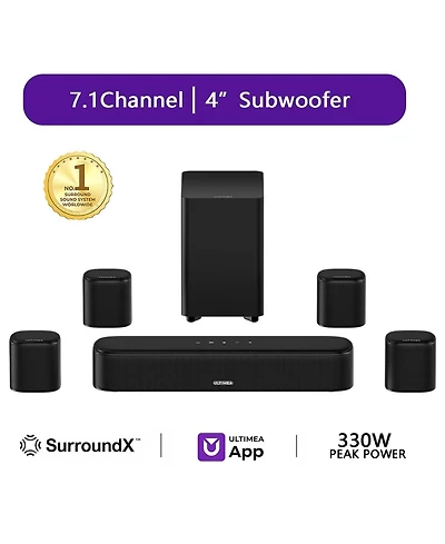 Ultimea Aura A40 7.1ch Virtual Surround Sound Bar with 4 Surround Speakers, 330W, 4" Subwoofer, App Control, Opt/Aux/Bluetooth