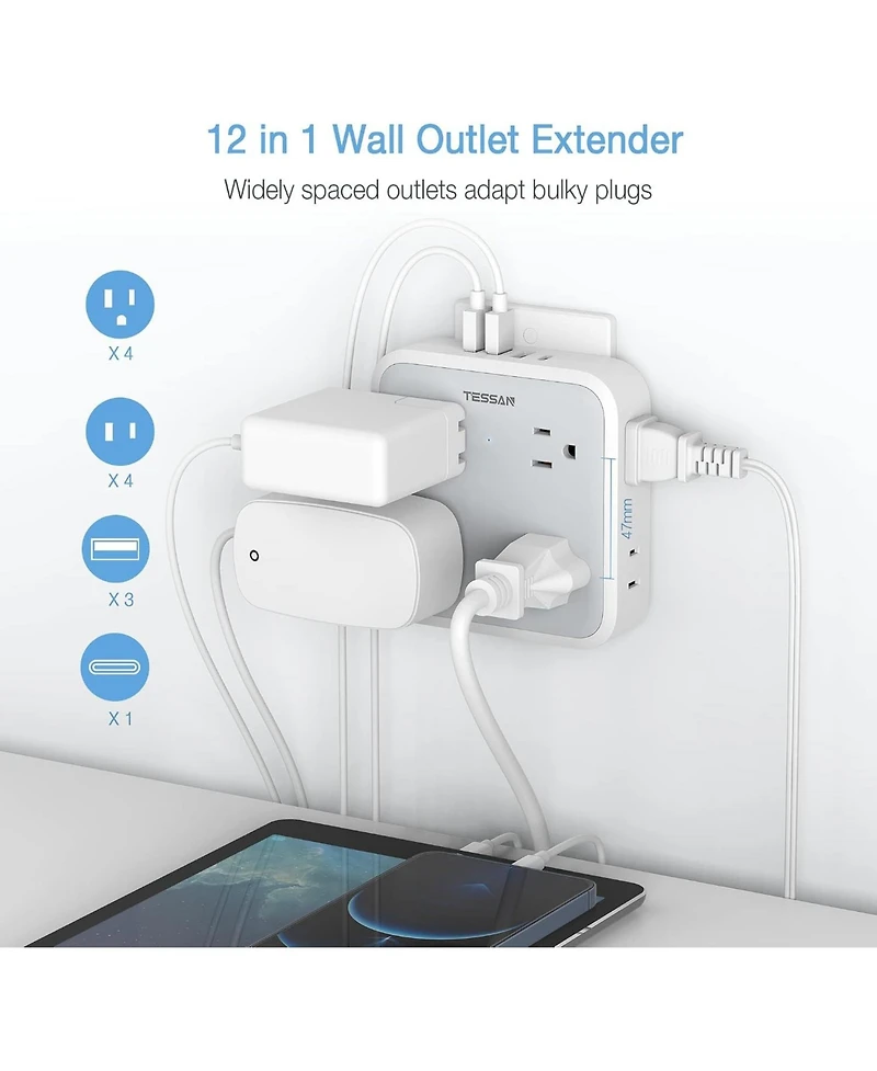 Tessan Wall Outlet Extender with 8 Ac Outlets and 4 Usb Ports