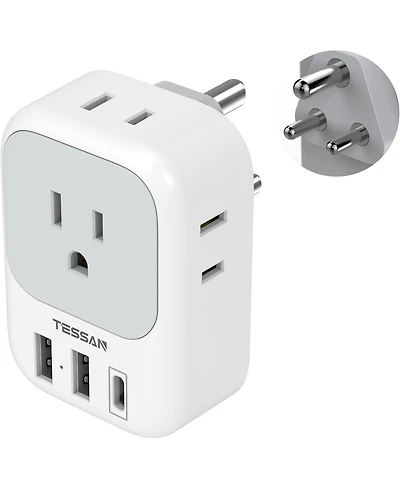 Tessan Type D Travel Plug Adapter with 4 Outlets and 3 Usb Ports