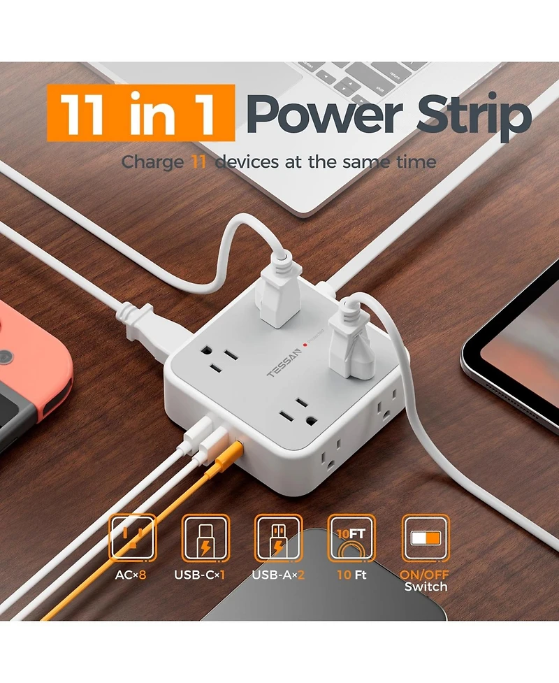 Tessan 10-Foot Power Strip with 8 Outlets, 3 Usb Ports and 900J Protection