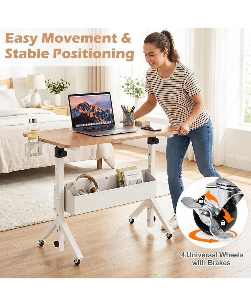 Sugift Mobile Standing Desk Height Adjustable Rolling Laptop Desk with Cup Holder Storage Basket