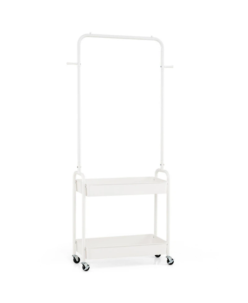 Sugift Heavy-Duty Laundry Cart with Hanging Rod 2 Storage Baskets and 2 Side Hooks for Bedroom