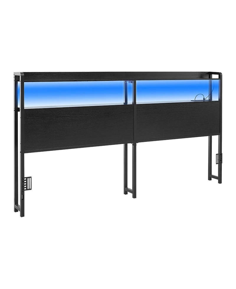Sugift King Size Headboard with 2 Storage Shelves Led Light 3 Outlets 3 Usb Ports Adjustable Height