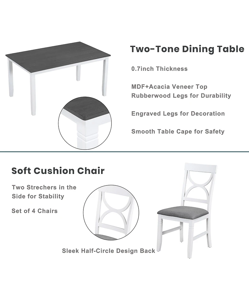 Boyel Living 6-Piece Wood Dining Table Set Kitchen Table Set with Upholstered Bench and 4 Dining Chairs, Farmhouse Style