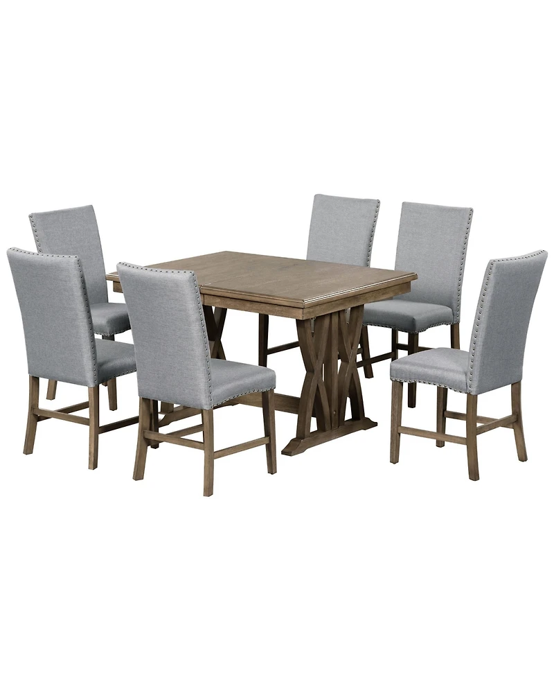 Boyel Living Mid-Century Solid Wood 7-Piece Dining Table Set Extendable Kitchen Table Set with Upholstered Chairs and 12" Leaf for 6