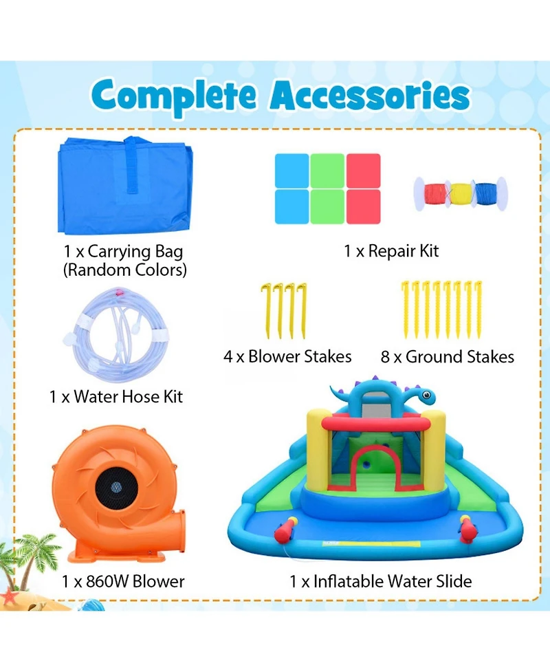 Hongge Dinosaur-Themed Double-Slide Inflatable Bounce House with Splash Pool, 158" x 136" x 82.5", For 3 Players, Ages 3-10