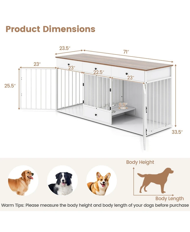Hongge 71 in Double Dog Crate Tv Stand Featuring 3 Drawers
