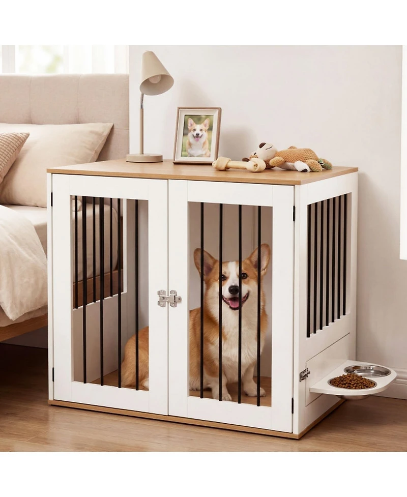 Hongge 31.5 in Wooden Dog Kennel End Table with Swivel Feeding Bowls