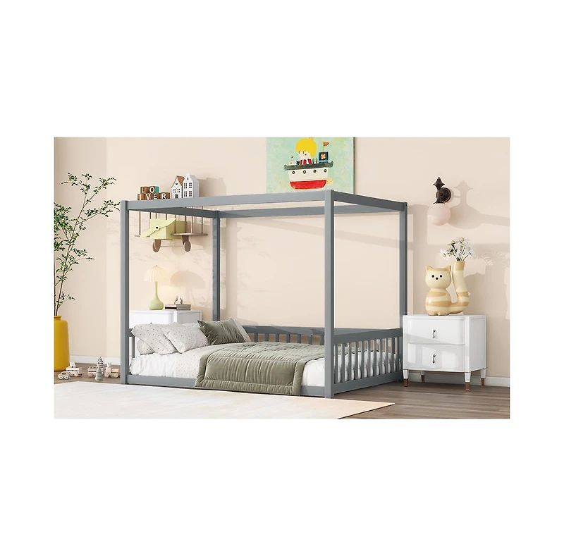 Sailvan Canopy Frame Rubber Wood Floor Bed with Fence, Guardrails