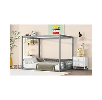 Sailvan Canopy Frame Rubber Wood Floor Bed with Fence, Guardrails