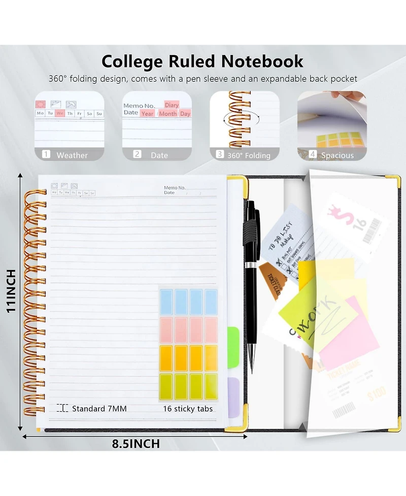 Danrong Hardcover Spiral Notebook College Ruled Leather Journal 5 Subject Dividers 300 Pages Magnetic Closure