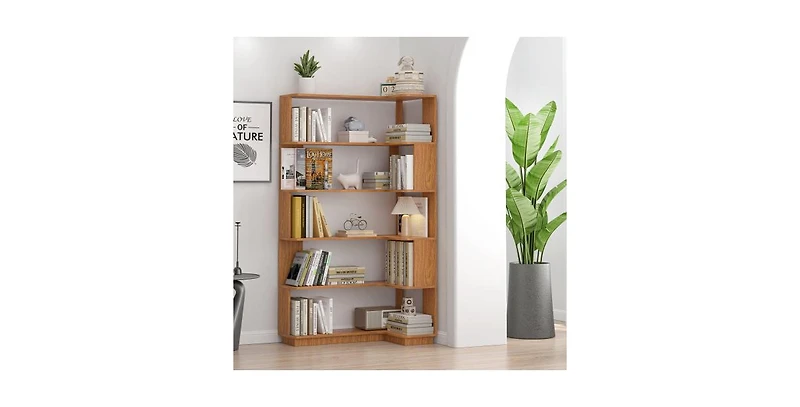 Flynama 35.43 Inch Extended L-Shape Corner Anti-Drop Open Storage Bookshelf
