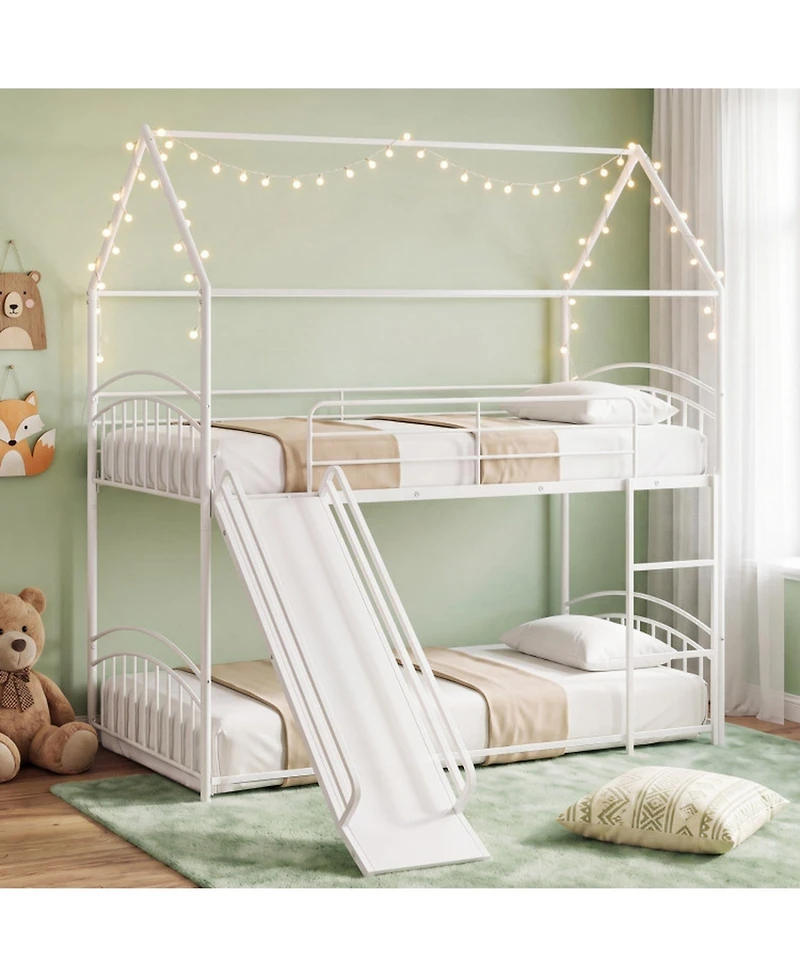 Sugift Twin-Over-Twin House Bunk Bed Frame with Metal Slats