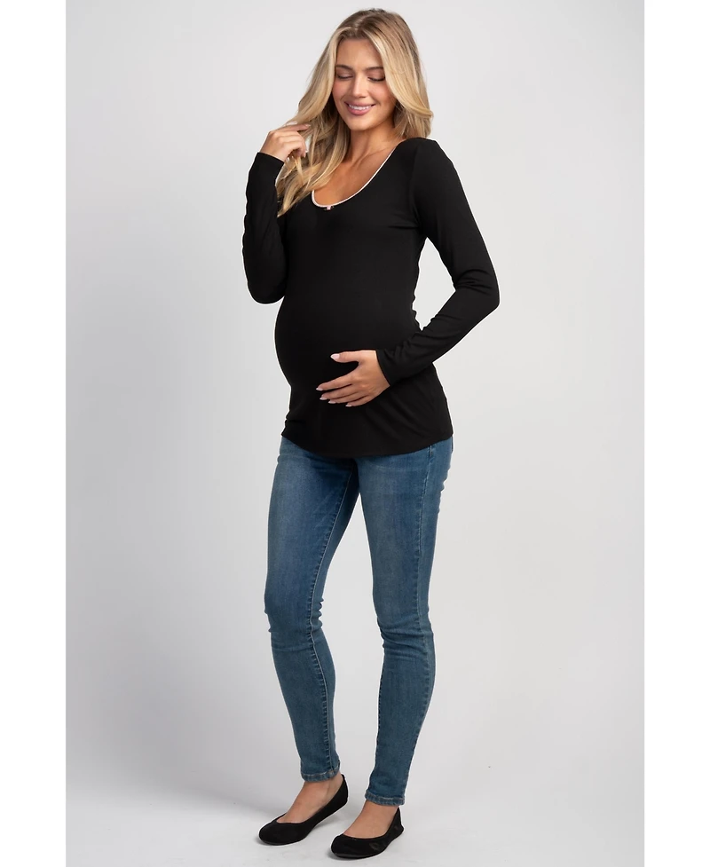 Hello Miz Maternity Long-Sleeve Scoop-Neck Lace-Trim T-Shirt