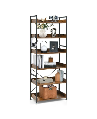 Mecale 6-Tier Tall Industrial Bookcase with Open Shelves and 4 Hooks