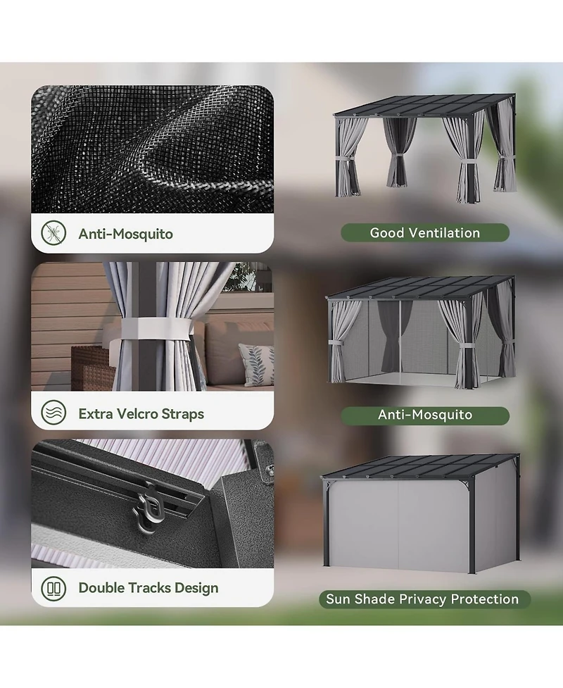 Aoxun 12'x10' Wall Mounted Lean to Gazebo, Aluminum Pergola with Polycarbonate Roof, Curtains and Mosquito Net