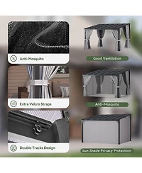 Aoxun 12'x10' Wall Mounted Lean to Gazebo, Aluminum Pergola with Polycarbonate Roof, Curtains and Mosquito Net