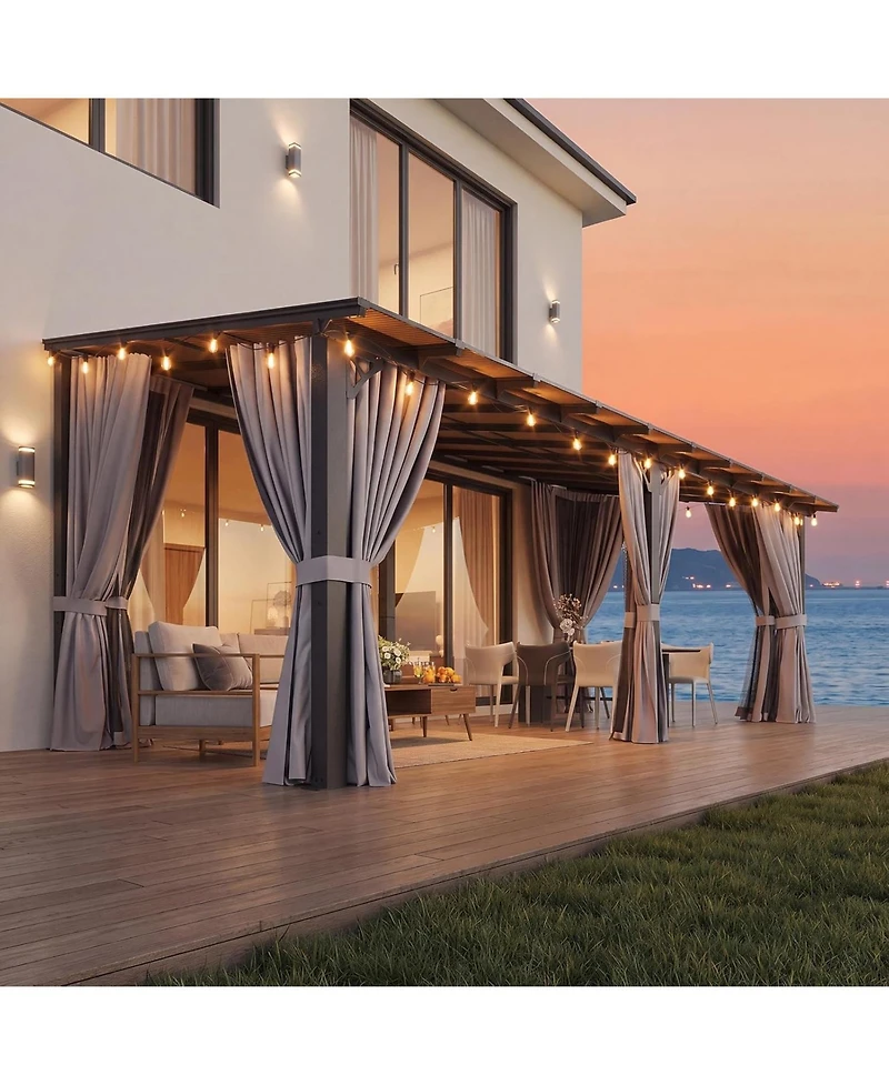 Aoxun 20'x10' Wall Mounted Lean to Gazebo, Aluminum Pergola with Polycarbonate Roof, Curtains and Net