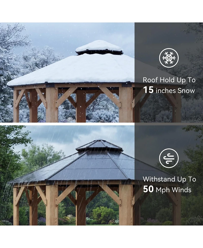 Aoxun 13'x13' Wooden Hardtop Gazebo, Outdoor Pavilion with Galvanized Steel Double Roof for Patio Garden Deck