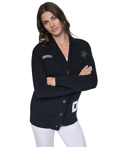 Dkny Women's Pins & Patches V-Neck Long-Sleeve Cardigan