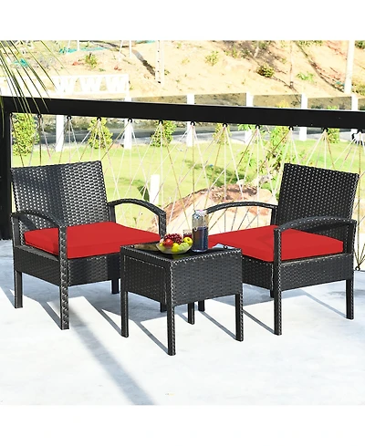 Costway 3PCS Patio Rattan Furniture Set Coffee Table & Chairs with Seat Cushions Garden