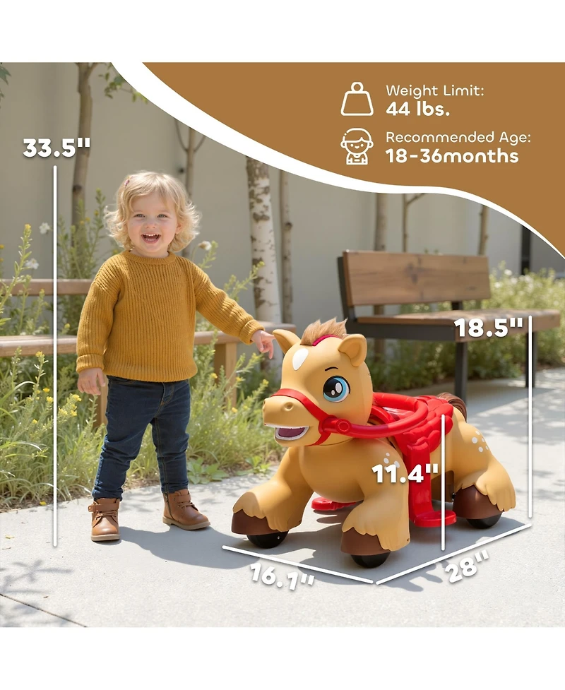 Glintex 12V Kids Electric Ride-On Horse with Sounds, Carrot Toy, Comb, Foot Pedal, Seat Storage, and Battery Power for Ages 1.5-3, Brown