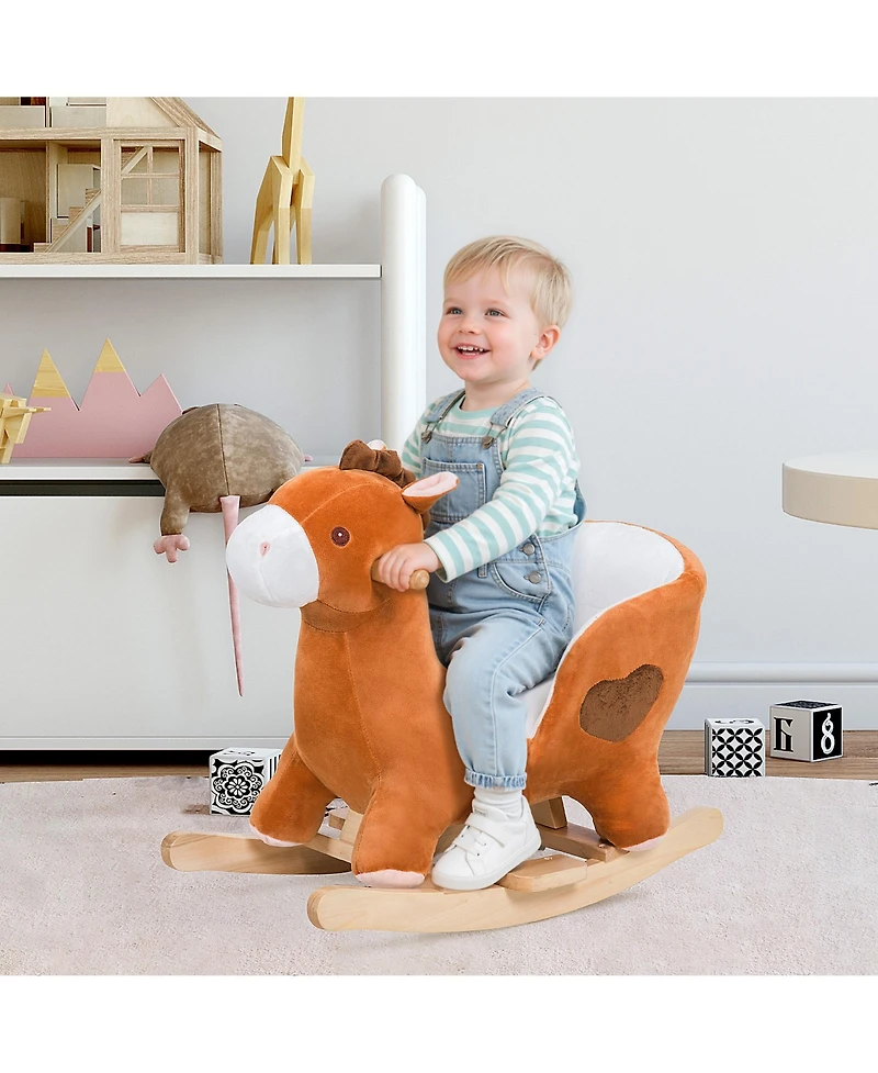 Glintex 12V Kids Electric Ride-On Horse with Sounds, Carrot Toy, Comb, Foot Pedal, Seat Storage, and Battery Power for Ages 1.5-3, Brown