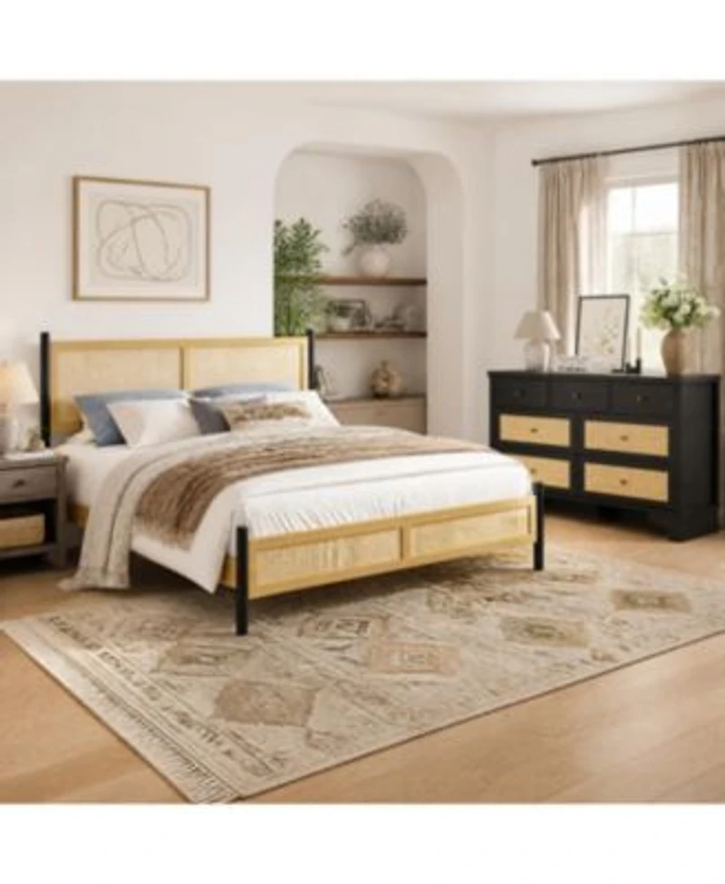Gaomon Boho Rattan Bedroom Set Platform Bed With Woven Headboard 7 Drawer Dresser Rattan Finish Sturdy Slat Support No Box Spring Needed
