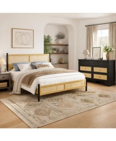 Gaomon Boho Rattan Bedroom Set Platform Bed With Woven Headboard 7 Drawer Dresser Rattan Finish Sturdy Slat Support No Box Spring Needed