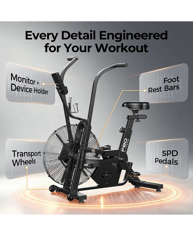 Fed Fitness Pro Air Bike, Patented Dual Drive Air Resistance Exercise Bike, Bluetooth Smart Connect Full Body Fan Bike for Home and Garage Gym