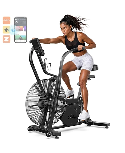 Fed Fitness Pro Air Bike, Patented Dual Drive Air Resistance Exercise Bike, Bluetooth Smart Connect Full Body Fan Bike for Home and Garage Gym