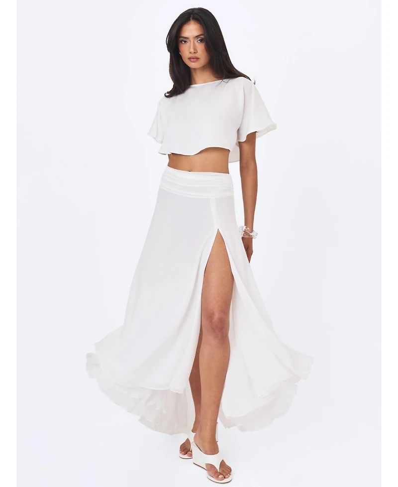 Miss Circle Women's Yarae Satin Boat Neck Short Sleeve Cape Top