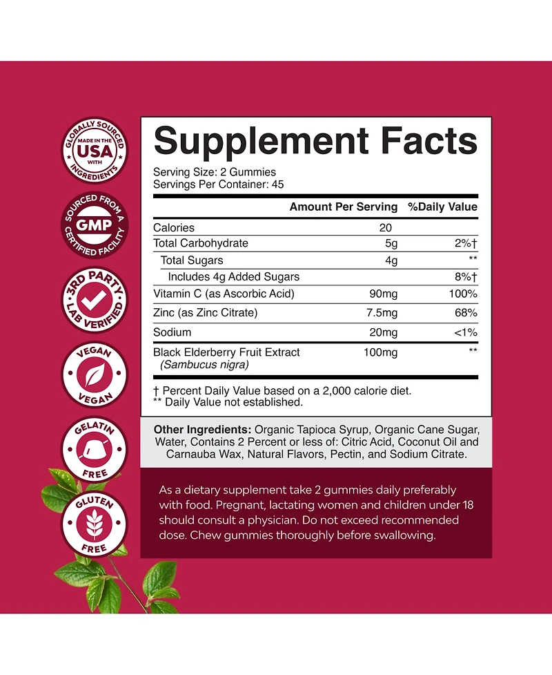 Nature's Craft Elderberry Gummies with Vitamin C and Zinc | Sambucus Elderberry Supplement | 90 Count