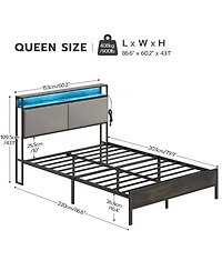 Slickblue Modern Metal Bed Frame with Storage Headboard, Led Lights