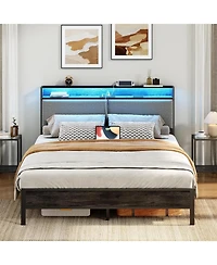 Slickblue Modern Metal Bed Frame with Storage Headboard, Led Lights