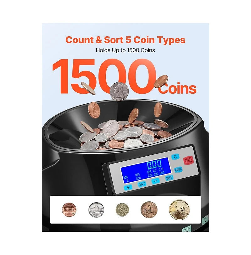 Bestcore Five Denominations 225 Coins Per Minute Coin Counter Machine with Lcd Display
