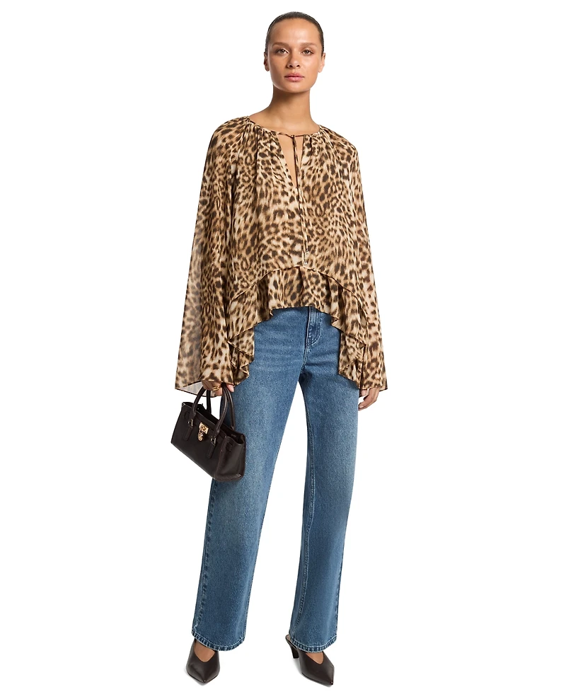 Michael Kors Women's Long-Sleeve Leopard-Print High-Low Blouse