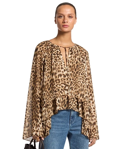 Michael Kors Women's Long-Sleeve Leopard-Print High-Low Blouse