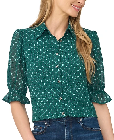 CeCe Women's Short-Sleeve Smocked Cuff Geometric-Print Button-Down Shirt
