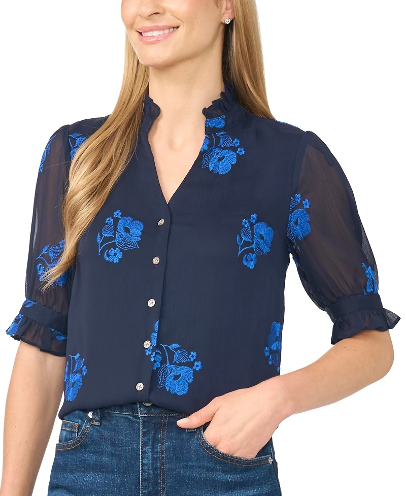CeCe Women's Floral-Embroidery V-Neck Elbow-Length Sleeve Button-Down Blouse