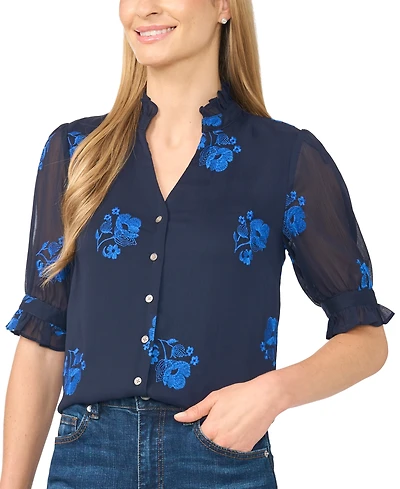 CeCe Women's Floral-Embroidery V-Neck Elbow-Length Sleeve Button-Down Blouse